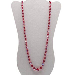 Vintage Red Faceted Crystal Beaded Necklace With Aurora Borealis Finish No clasp